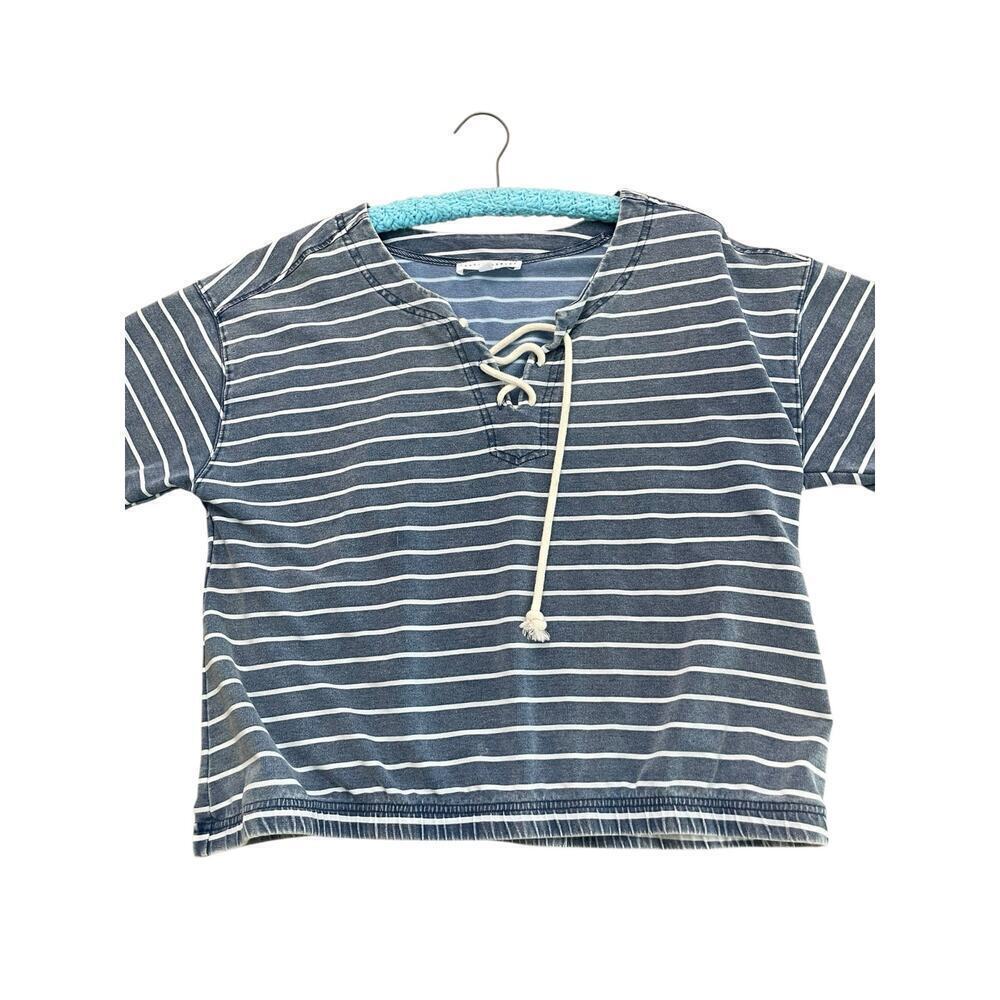 Jane + Delancey Women's Blue White Striped Print Short Sleeves Blouse Top Size M